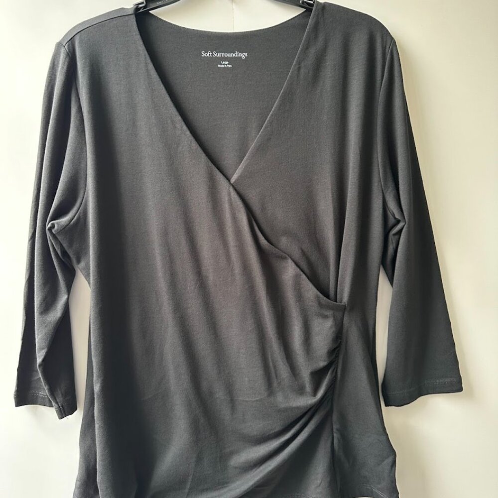 Soft Surroundings Alyssa Knit Top Pima Cotton Wrap 3/4 Sleeve Black Ruching Sz L